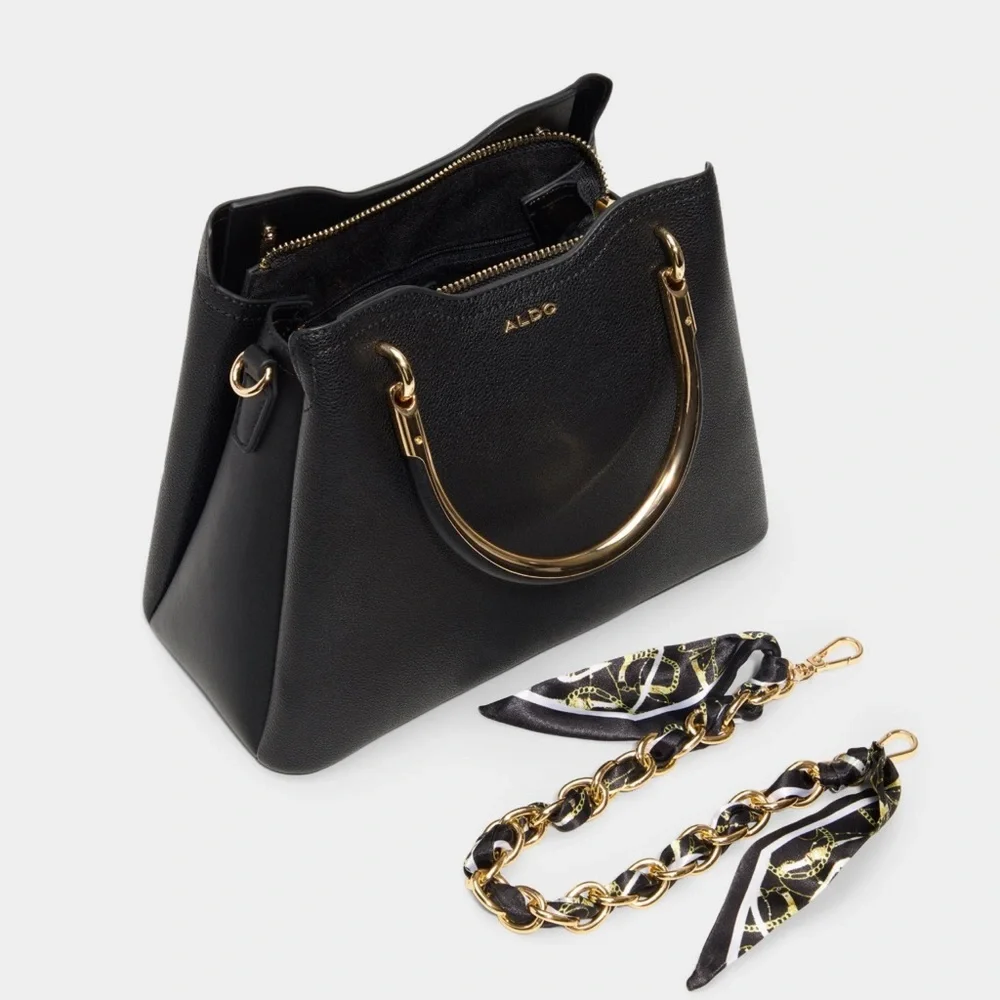 ALDO  Arrayann Black Satchel with Gold Circular Handles - Picture 2 of 6